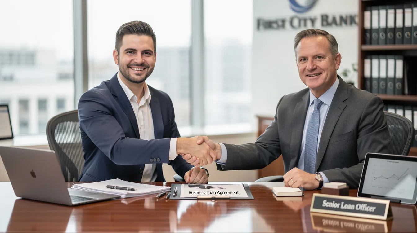 An entrepreneur is shaking hands with a bank officer across a desk, symbolizing the approval process for a mudra loan. The scene reflects the collaboration between small business owners and financial institutions to secure funding for their business plans.
