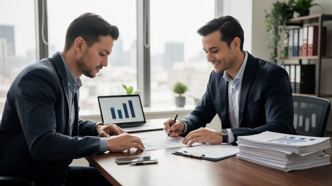 e877947a 9988 43aa 856f 6d892a7606f2 The image depicts a financial advisor engaged in a professional consultation with a small business owner, as they review important documents related to business loans. The scene illustrates the advisor providing guidance on eligibility criteria for various funding options, including mudra loans, to help the owner understand their financial assistance options.