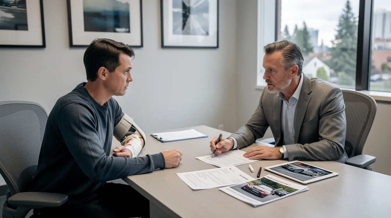 A concerned car accident victim meets with an experienced personal injury attorney in a modern law office, discussing essential documents such as medical records and insurance paperwork. The attorney, projecting confidence and empathy, is explaining the legal process to help the client navigate their personal injury claim and secure fair compensation for their injuries.