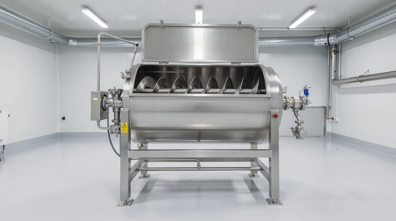 e879d388 94fe 4dc3 a0f9 6872e6af4eae The image shows a stainless steel industrial ribbon blender mixer located in a clean food processing facility, designed for the efficient mixing of flattened rice in the poha manufacturing process. The equipment highlights the importance of maintaining product quality and production efficiency in a poha plant.