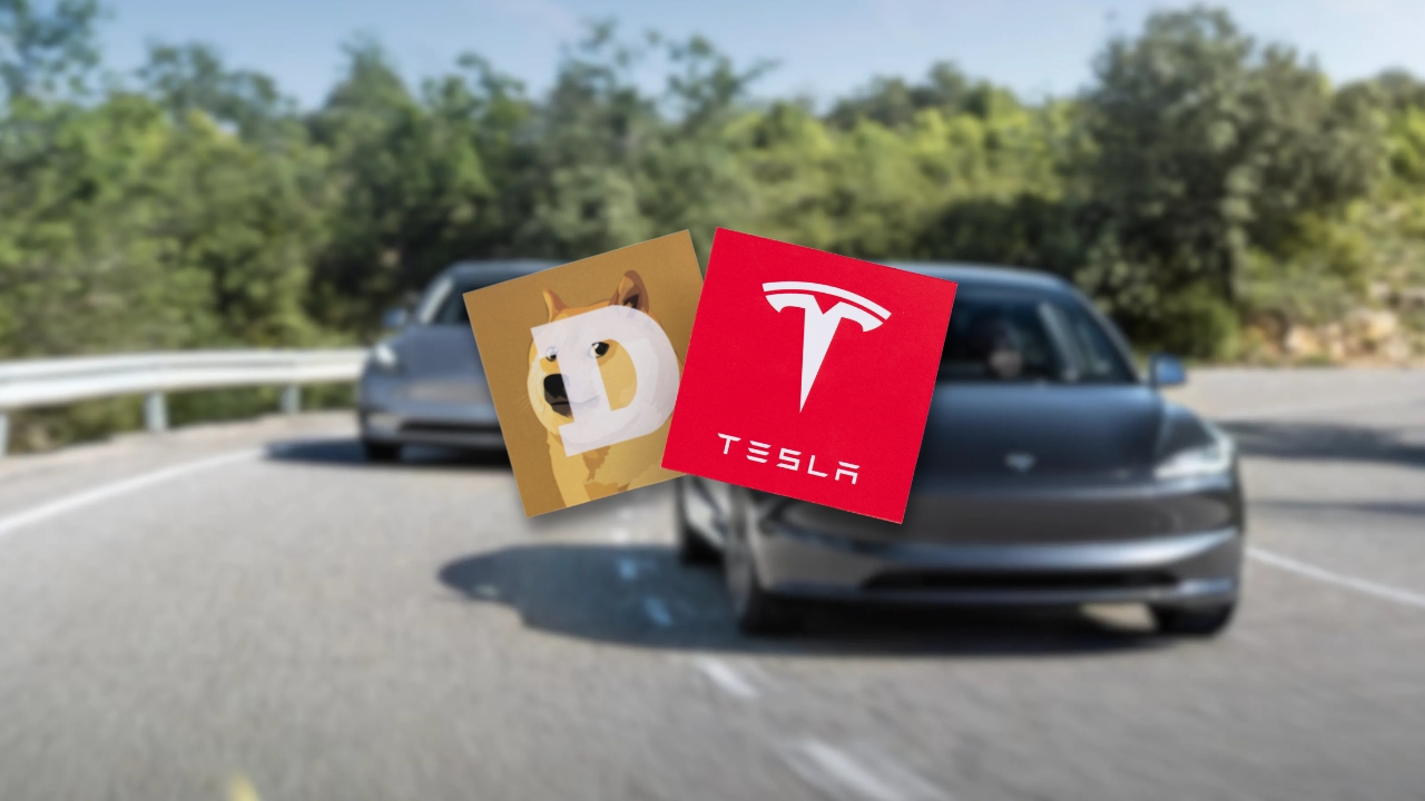 Uma imagem mostrando Tesla modelo 3, Tesla Model Y, logotipo Dogecoin e logotipo Teala