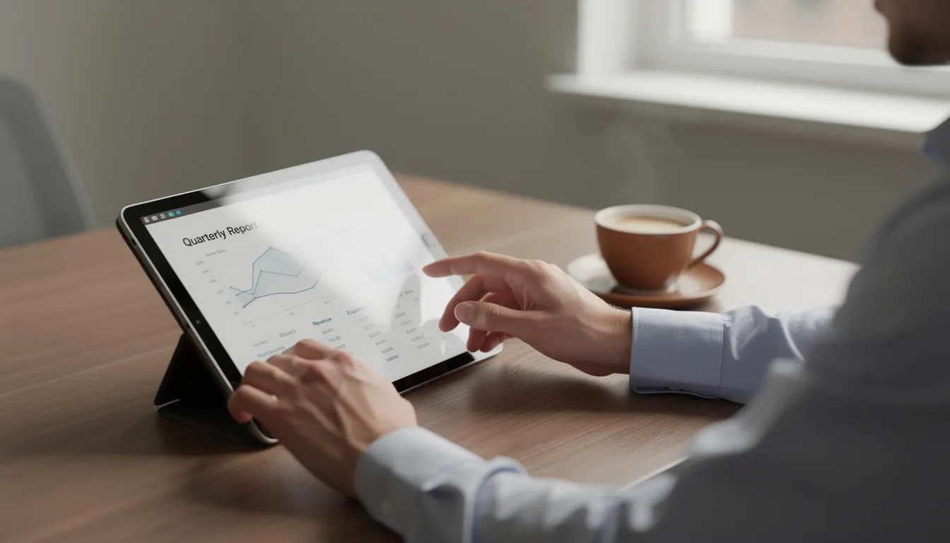 A person is sitting at a table, reviewing financial documents on a tablet while enjoying a cup of coffee, suggesting a focus on managing rental properties and ensuring detailed financial reporting for effective property management. This scene reflects the diligent work of a property manager in overseeing lease agreements and collecting rent.