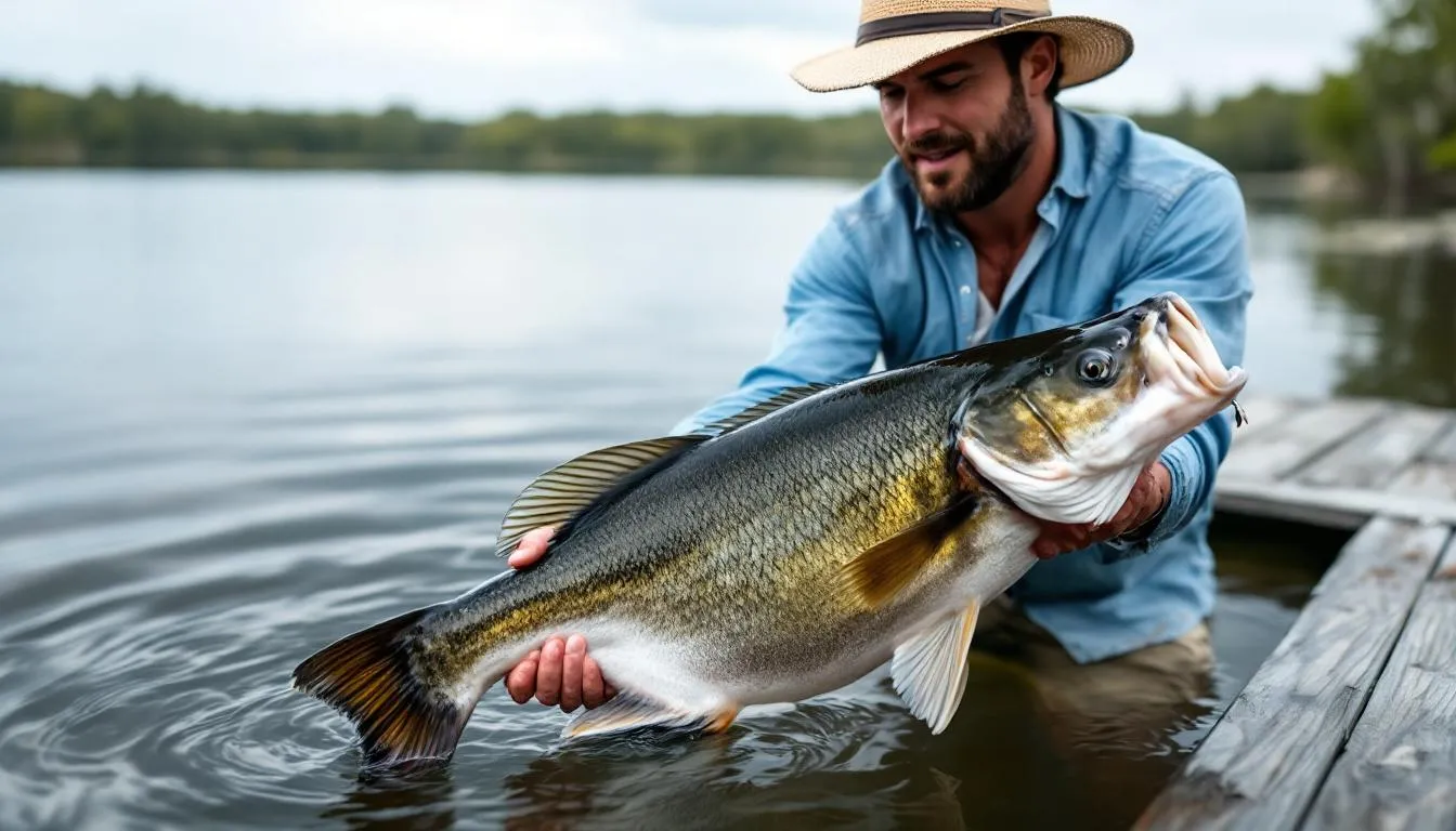 Na zdjęciu wędkarz delikatnie wypuszcza dużą rybę z powrotem do wody, co symbolizuje dbałość o życie ryb i ich naturalne środowisko. W tle widać roślinność wodną, a scena może mieć miejsce w czasie tarła ryb, co podkreśla znaczenie ochrony gatunków w okresie ich rozrodu.