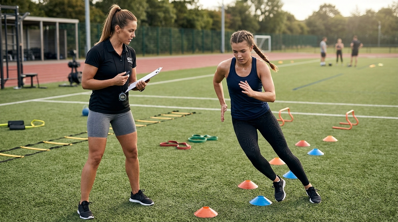 Performance coach timing an athlete through a cone and resistance band agility drill