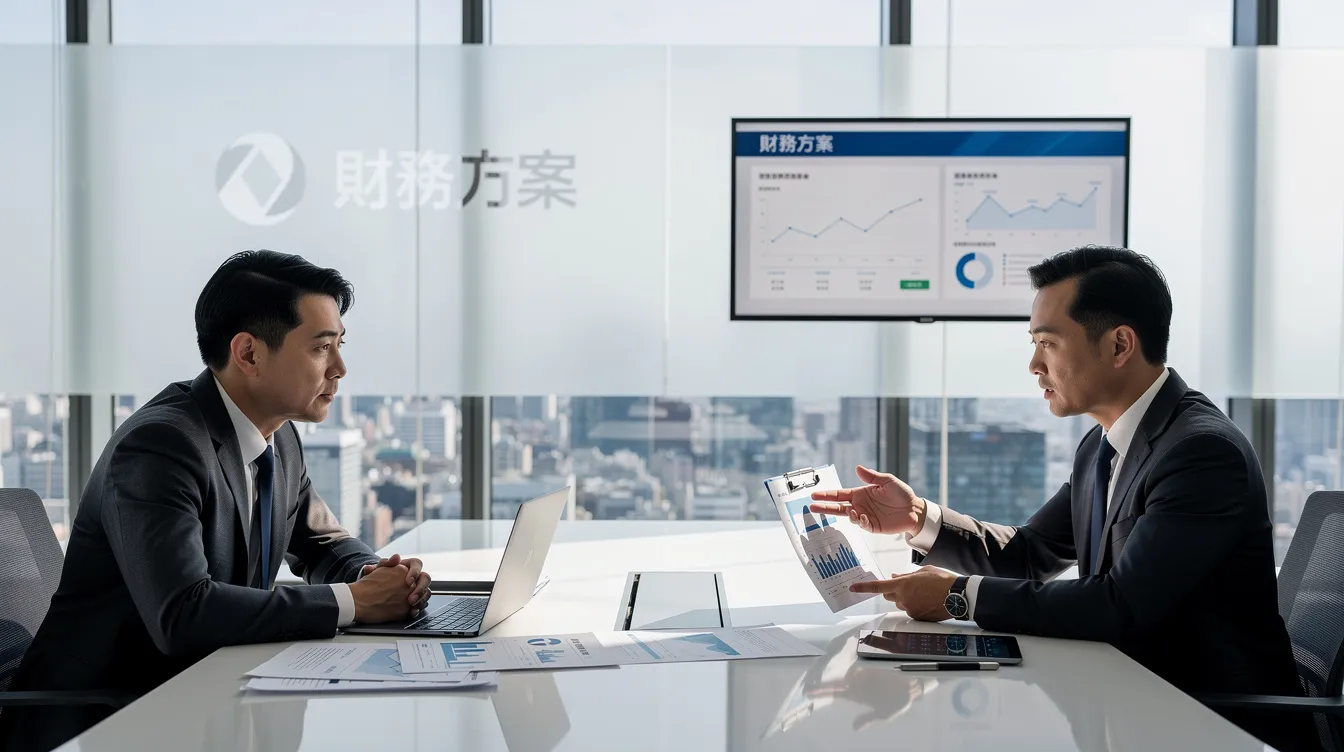 In a modern office setting, a business owner and a financial advisor are engaged in a discussion about funding options for small and medium enterprises (SMEs) in Hong Kong, exploring government subsidy programs and other financial plans. The atmosphere is professional, with documents and a laptop on the table, indicating a thorough examination of the available resources and information.