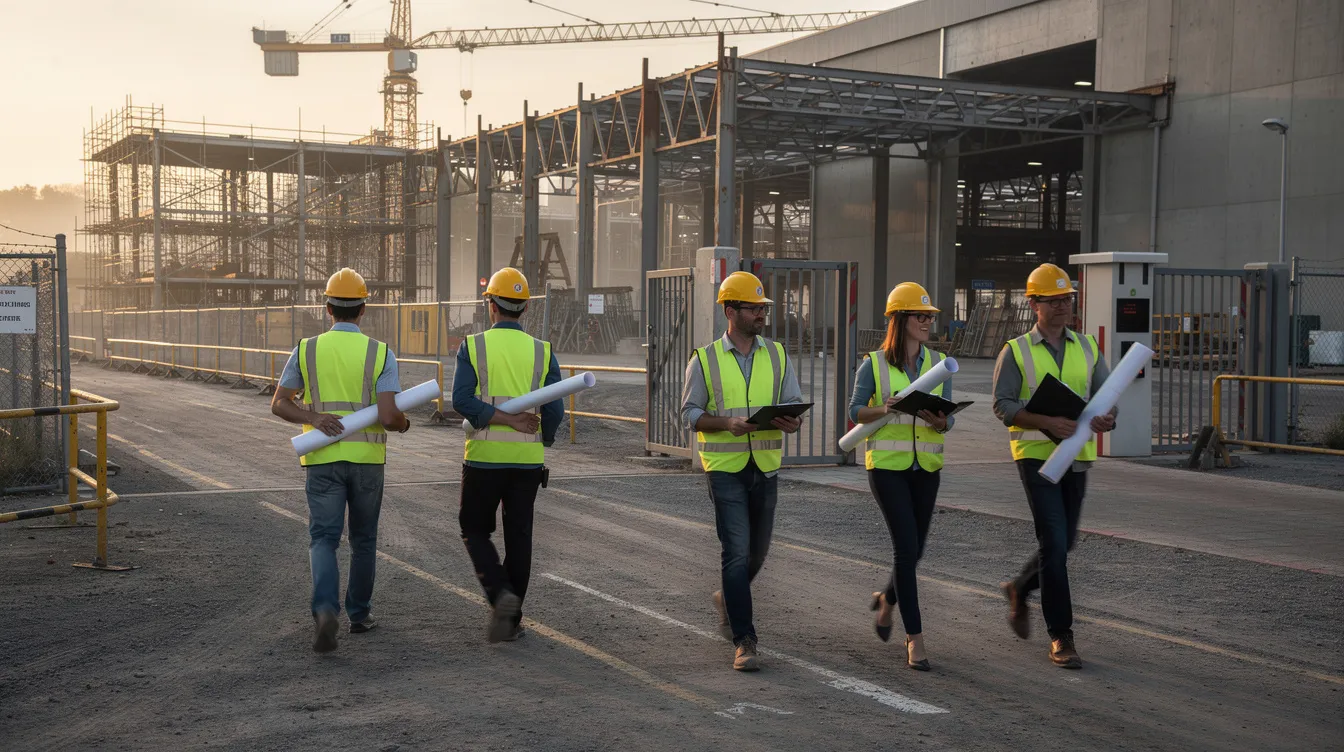 Un gruppo di operai indossa elmetti e giubbetti di sicurezza mentre entra in un cantiere industriale, portando con sé cartelle documenti che contengono la documentazione necessaria per garantire la regolarità e la sicurezza sul lavoro. La scena riflette l'importanza di seguire il piano operativo di sicurezza e di adempiere agli obblighi di legge nel settore edilizio.