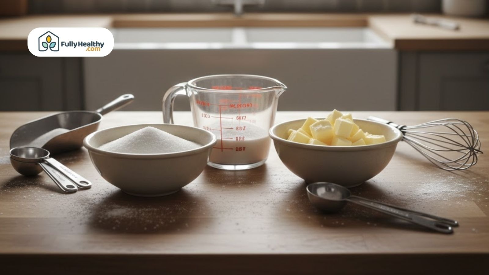 Baking ingredients with sugar, measuring cups, and tools.