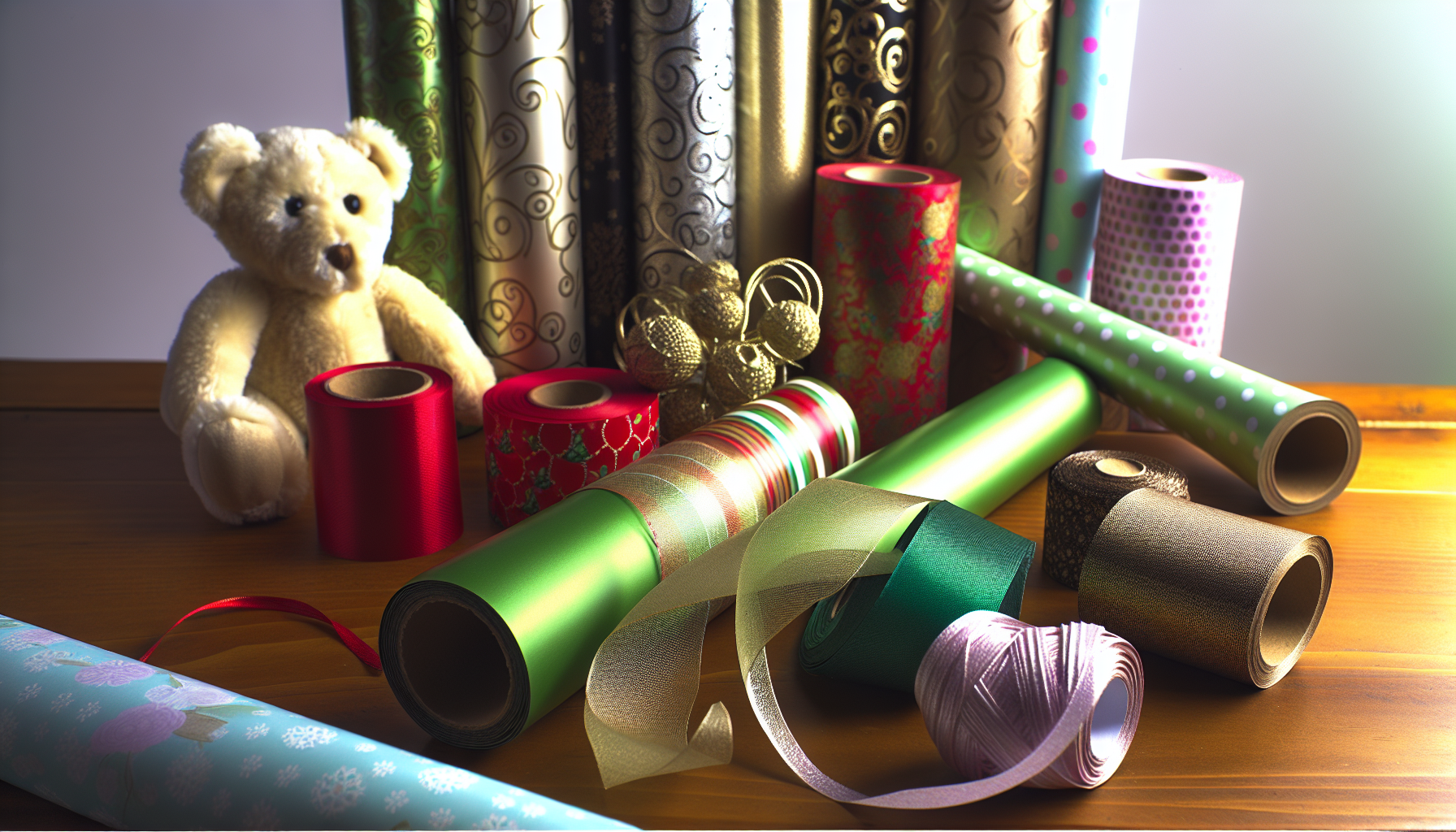 Various wrapping paper rolls and decorative ribbons for wrapping soft toys