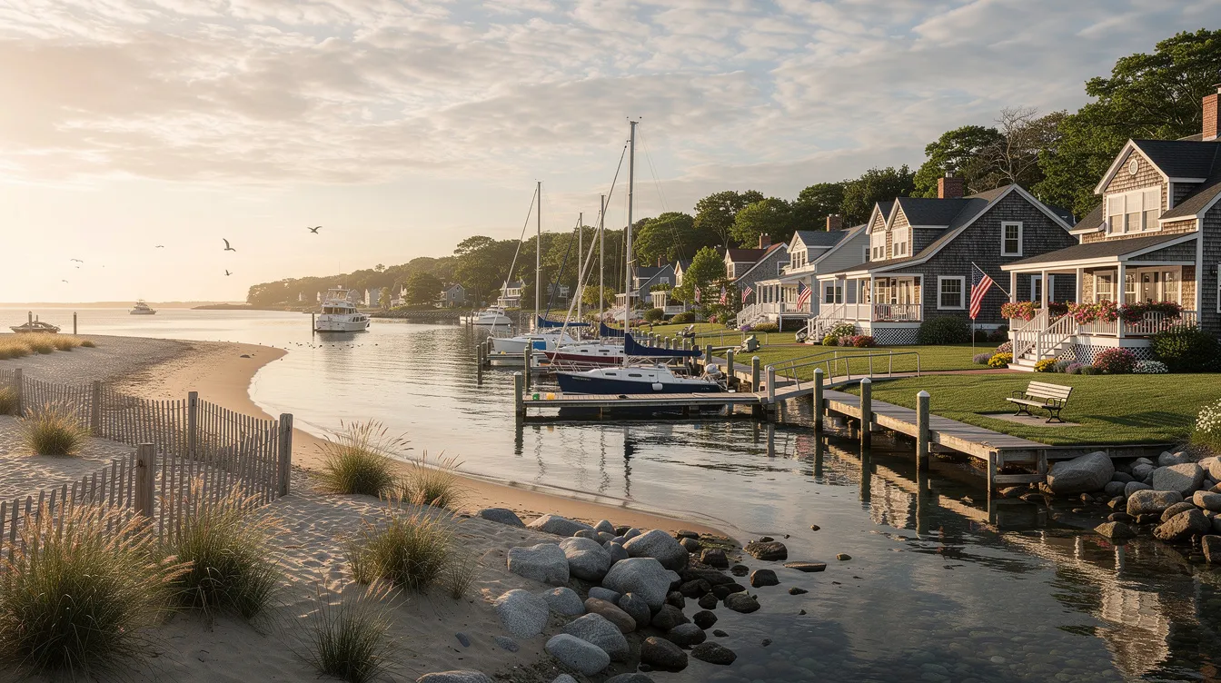 The image depicts a serene beach town in Connecticut, featuring a marina with boats and charming waterfront homes, perfect for family gatherings. This picturesque location, situated near Long Island Sound, offers accessible accommodations and a friendly community atmosphere for seniors and adults alike.