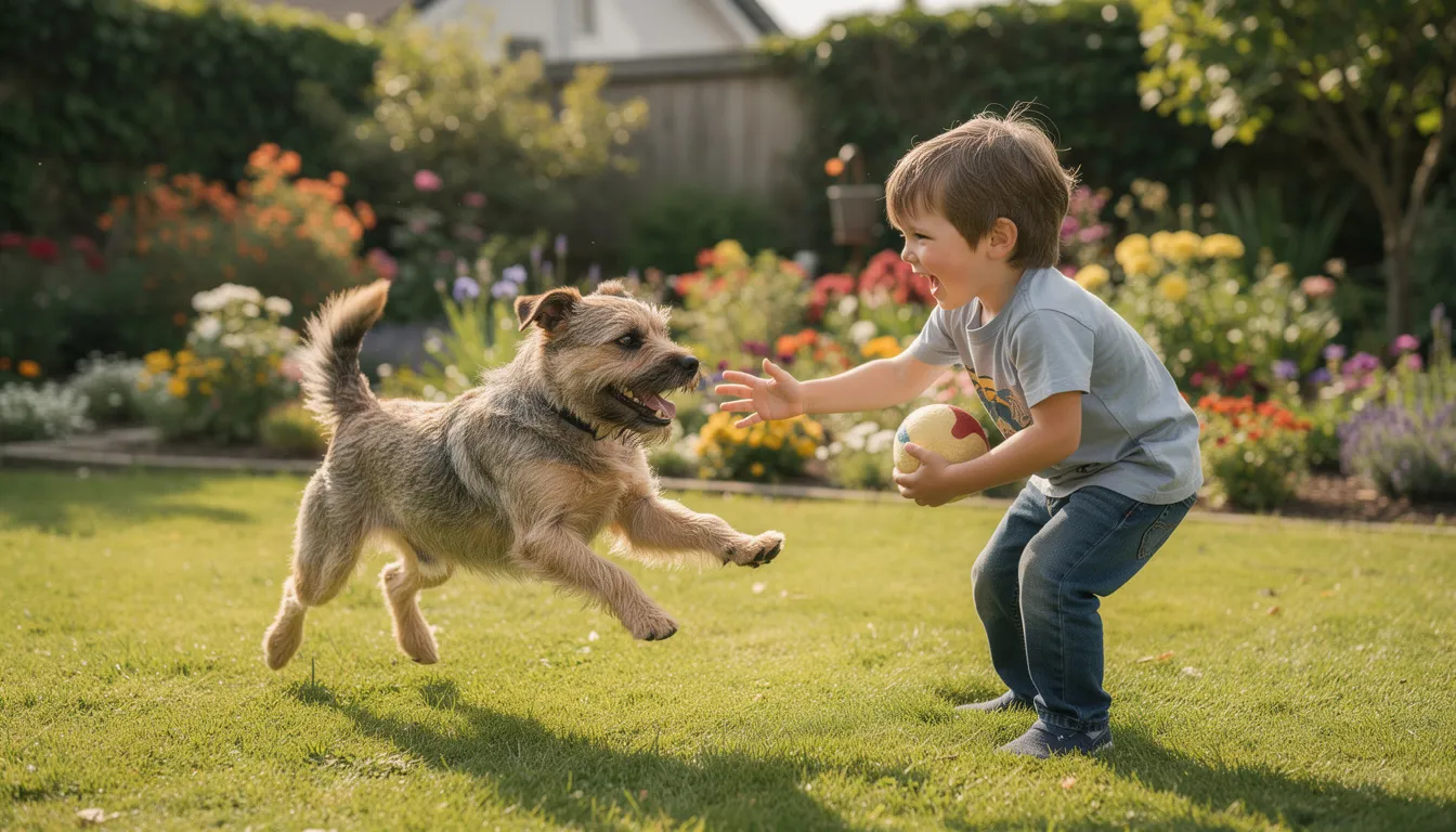 W ogrodzie bawi się border terrier z dzieckiem, oboje radośnie skaczą i biegają po trawie. Piesek, o gęstej sierści i niewielkich rozmiarach, jest znany z przyjaznego usposobienia i energii, co czyni go doskonałym towarzyszem dla małych dzieci.