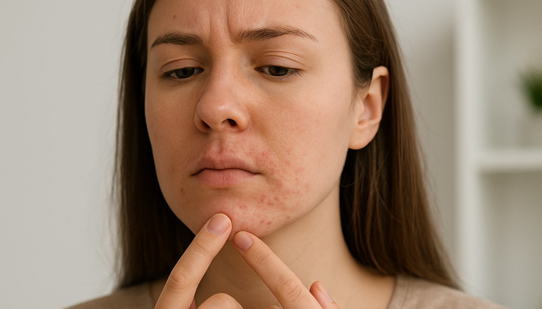 Nærbilde av ung kvinne med rød og irritert hud rundt munn og nese, med bekymret uttrykk, mulig perioral dermatitt.