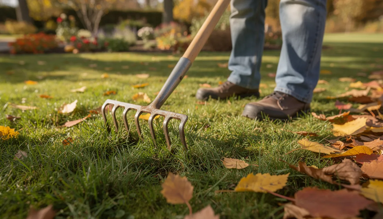 A person is using a garden fork to aerate their lawn in autumn, surrounded by fallen leaves, which helps promote healthy growth and prepares the existing lawn for the cooler season. This lawn care task is essential for maintaining a lush and green lawn, especially as the growing season transitions.