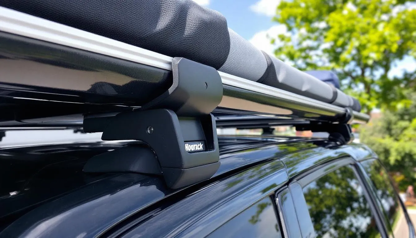 The image shows roof rack gutter mount feet securely attached to the rain gutters of a vehicle, designed to support load bars for transporting accessories. The sturdy mounts are painted and fit seamlessly with the car's design, ensuring a strong and reliable setup for road trips.