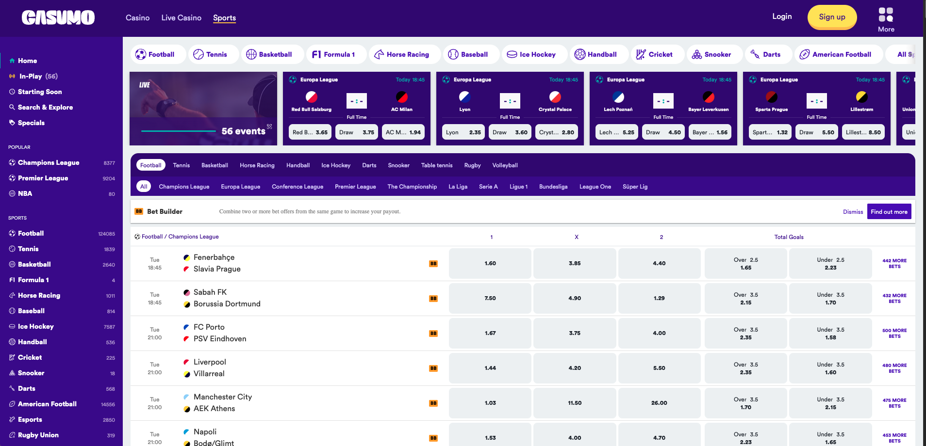 Casumo sportsbook interface featuring football betting markets, pre match betting odds and Bet Builder options.