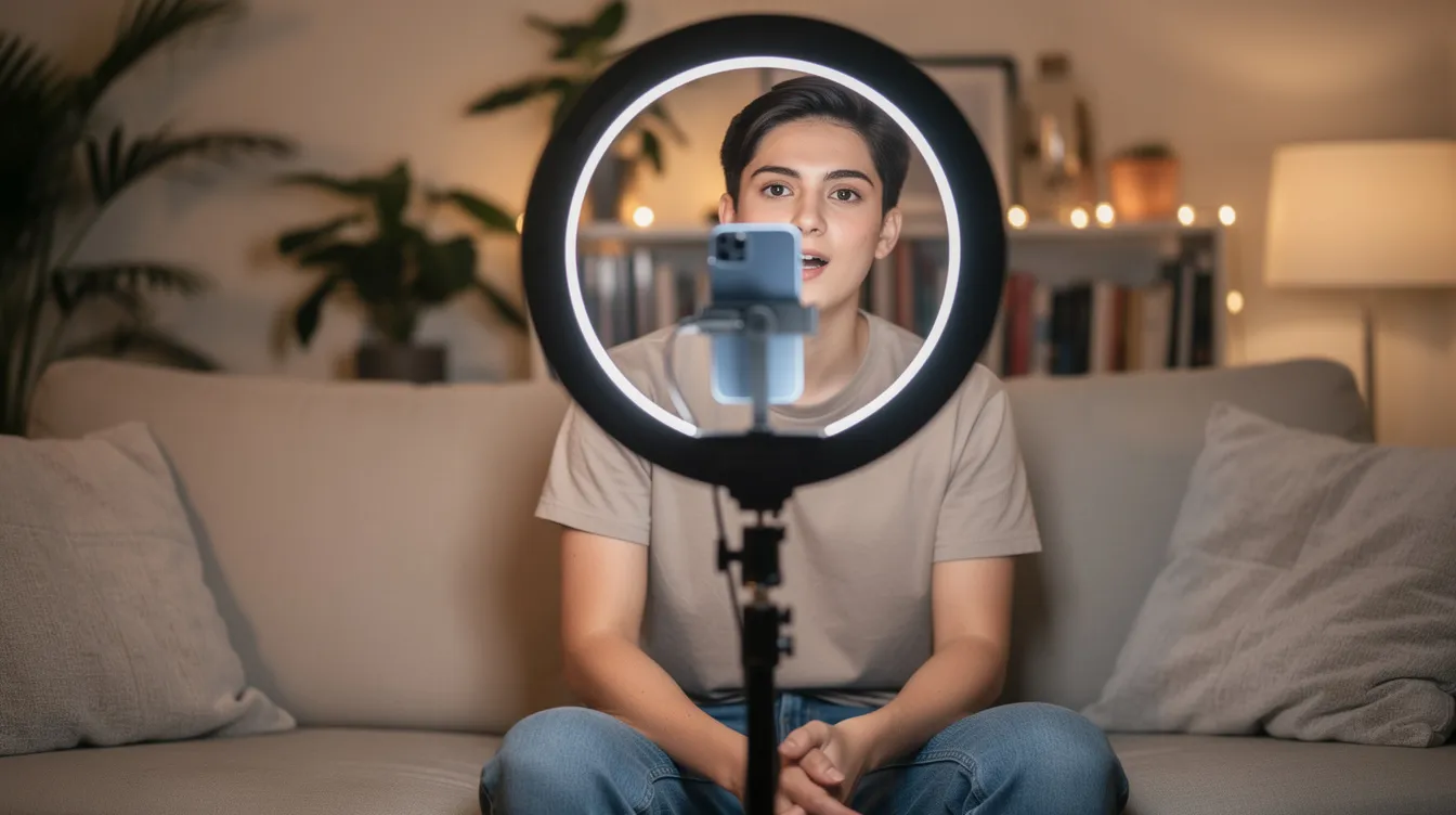 A content creator is filming a video in a casual setting, illuminated by a ring light, showcasing the engaging aspects of online dating apps. This scene highlights the importance of user-generated content and influencer marketing strategies in the dating app industry, particularly appealing to Gen Z users.