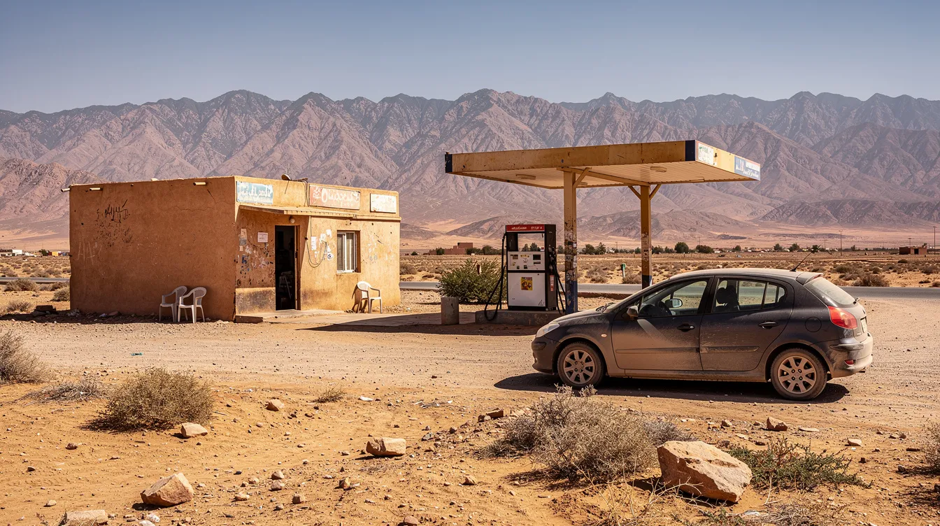 Un coche en una gasolinera en un paisaje marroquí árido con montañas al fondo.