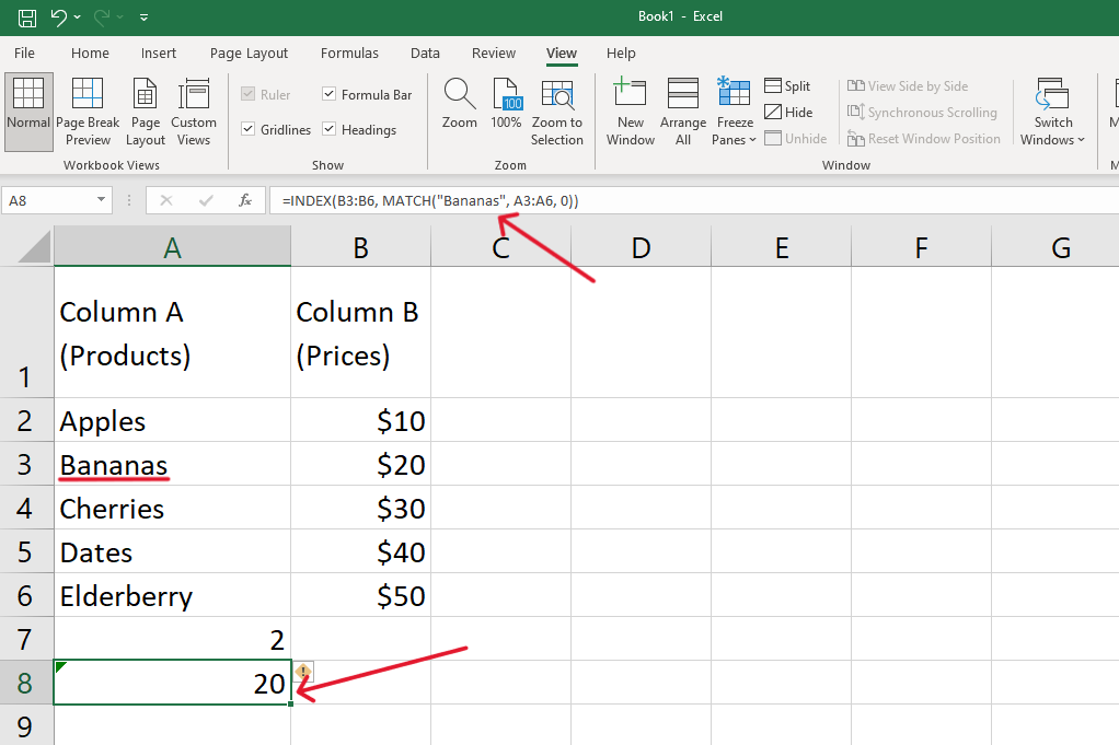use the combined INDEX MATCH formula to find the price of the product