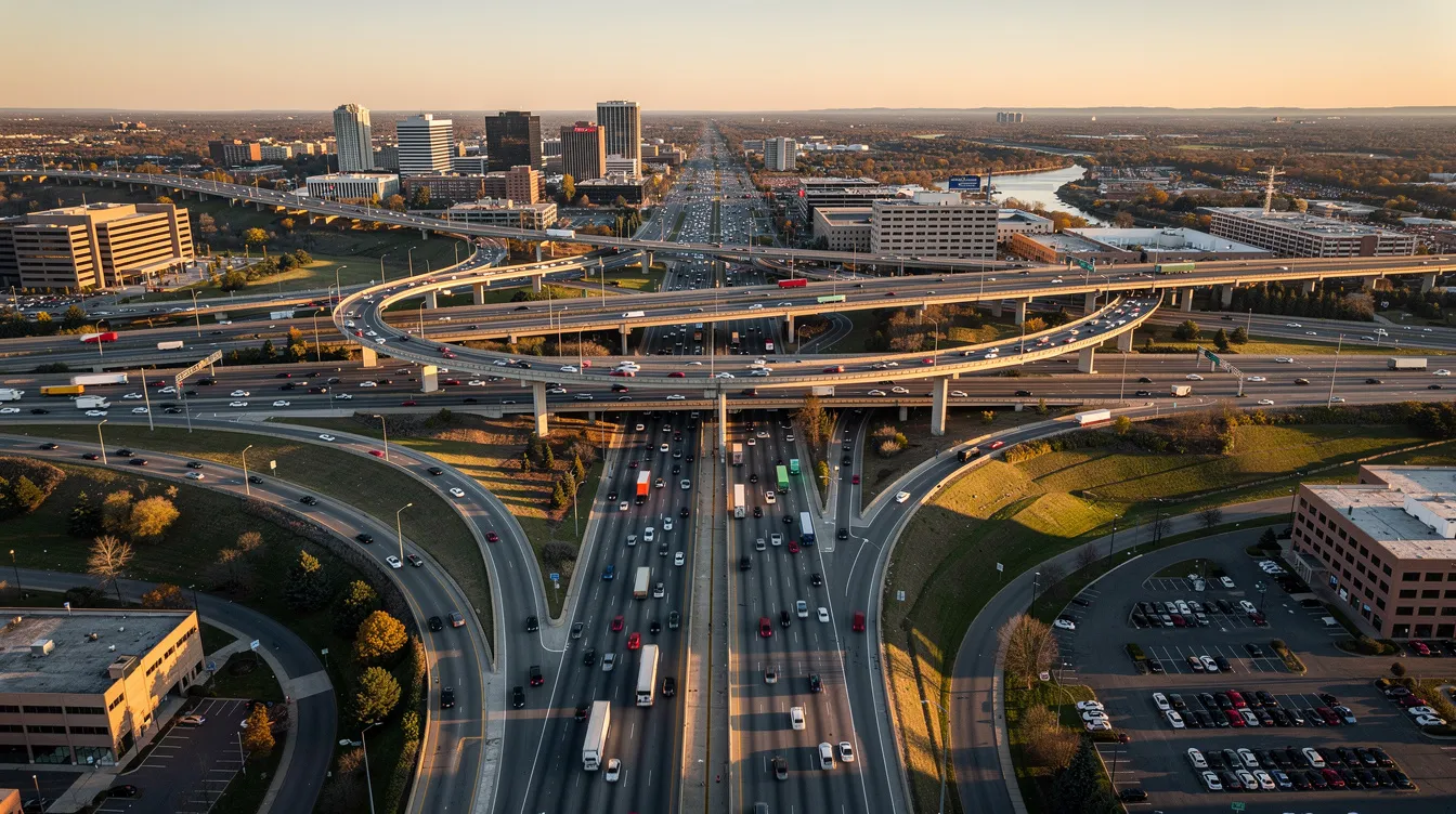 An aerial view captures a complex freeway interchange with multiple levels and lanes, showcasing the intricate network of roads typical of major metropolitan areas like Los Angeles and the San Francisco Bay Area. The image highlights the busy traffic flow and the engineering marvels that facilitate transportation across California's diverse landscapes.