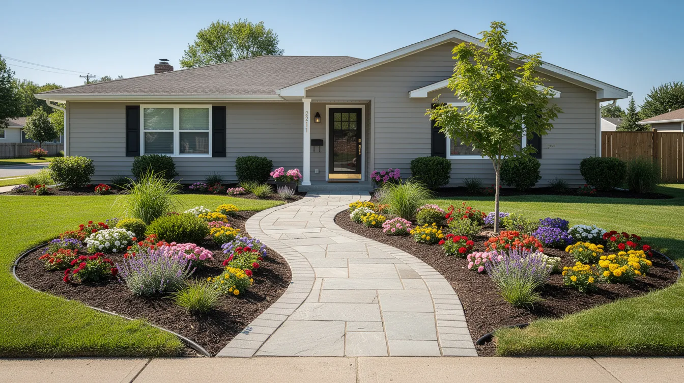 The image depicts a vibrant front yard featuring fresh landscaping, with colorful flower beds and a charming stone walkway that enhances the home's curb appeal. This inviting outdoor space showcases the potential for a landscaping project, highlighting the beauty and care that can elevate a property's overall value.