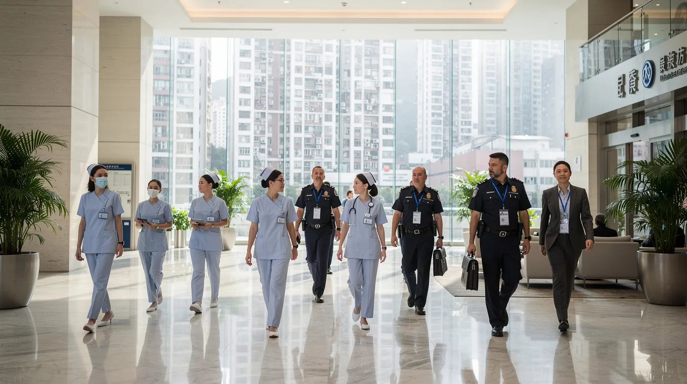 A diverse group of professionals, including nurses, security guards, and office workers, are seen walking through a sleek, modern lobby of a building in Hong Kong. The image captures the essence of public servants and professionals in their uniforms, reflecting a bustling urban environment.