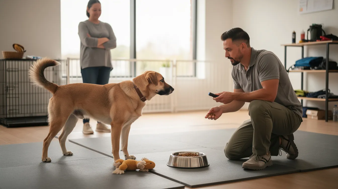 The image depicts a dog displaying resource guarding behavior over a food bowl, with a trainer observing from a distance. The dog's body language includes low growling and whale eye, indicating its possessive attitude towards the high-value resource, while the trainer prepares to implement proper management strategies to address the guarding behavior.