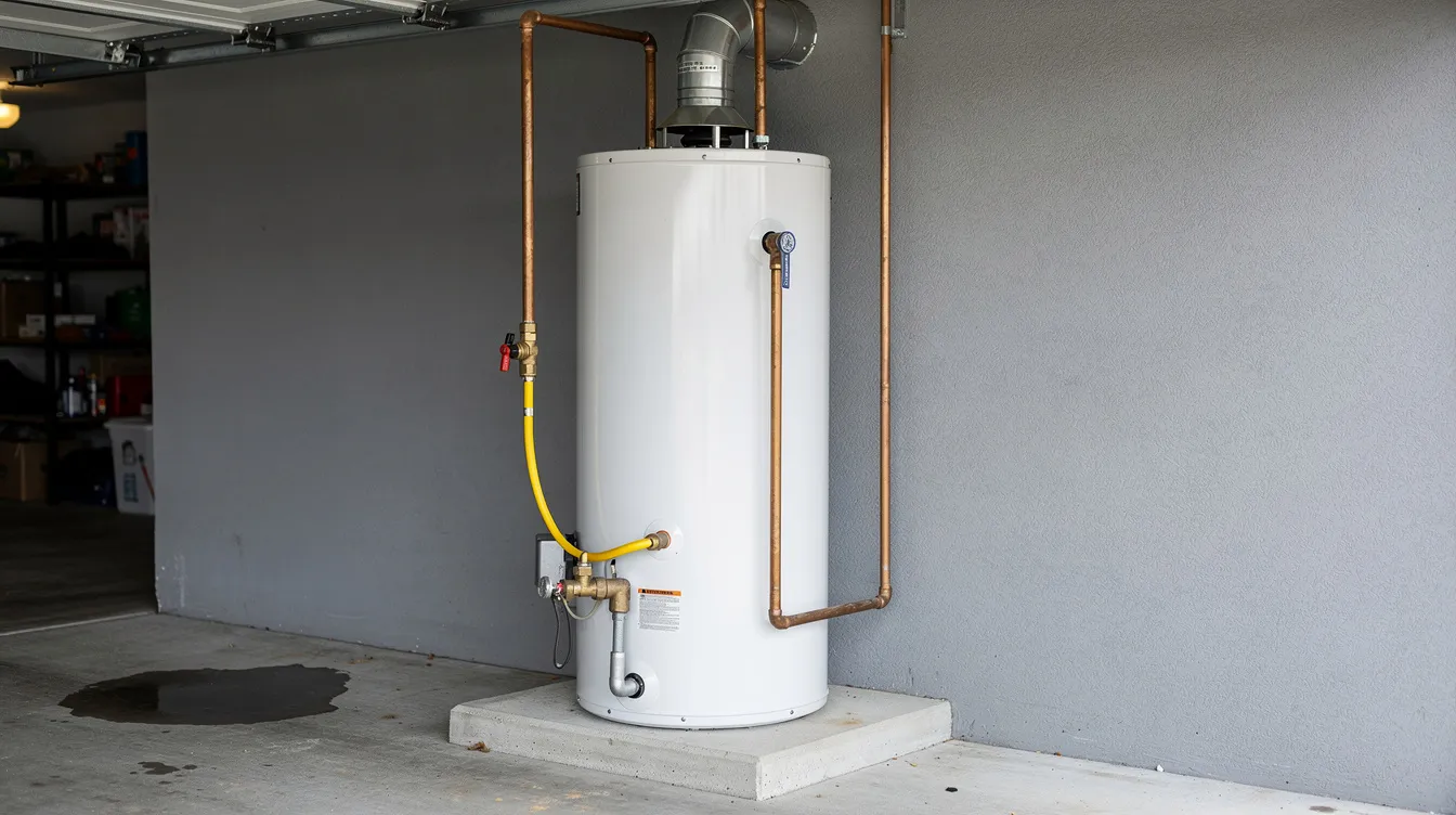 The image shows a traditional tank water heater installed in a residential garage, featuring visible copper supply lines that connect to the plumbing system. This setup highlights essential indoor plumbing elements, including the water heater that efficiently provides hot water for typical home needs.