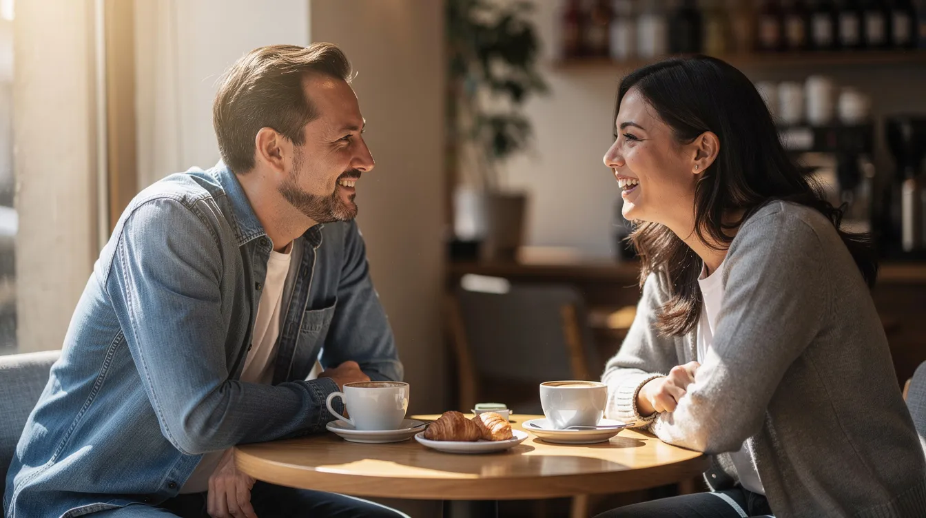 Zwei Personen, ein Mann und eine Frau, sitzen an einem Kaffeetisch und unterhalten sich fröhlich, während sie eine angenehme Zeit in der Nähe verbringen. Ihre Gespräche scheinen voller Lachen und Freude zu sein, was auf eine mögliche Partnersuche und das Streben nach Liebe hindeutet.