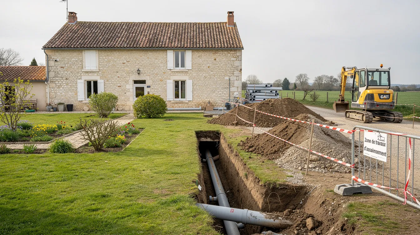 Une maison rurale entourée d'un jardin verdoyant, avec une zone dédiée aux travaux d'assainissement, où l'on peut apercevoir des équipements pour l'installation d'une micro station d'épuration. Ce cadre naturel met en avant des solutions d'assainissement non collectif, essentielles pour le traitement des eaux usées.