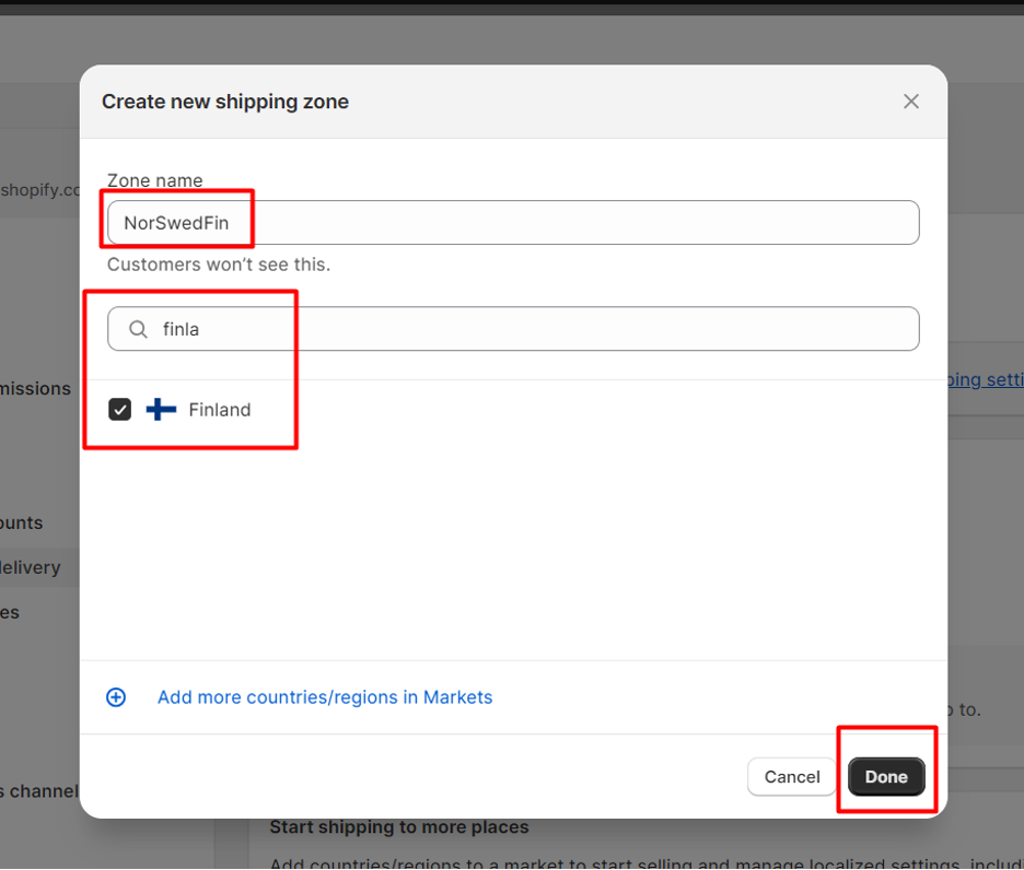 Shopify dashboard - Shipping and delivery settings - Adding countries to the shipping zone - Step 1