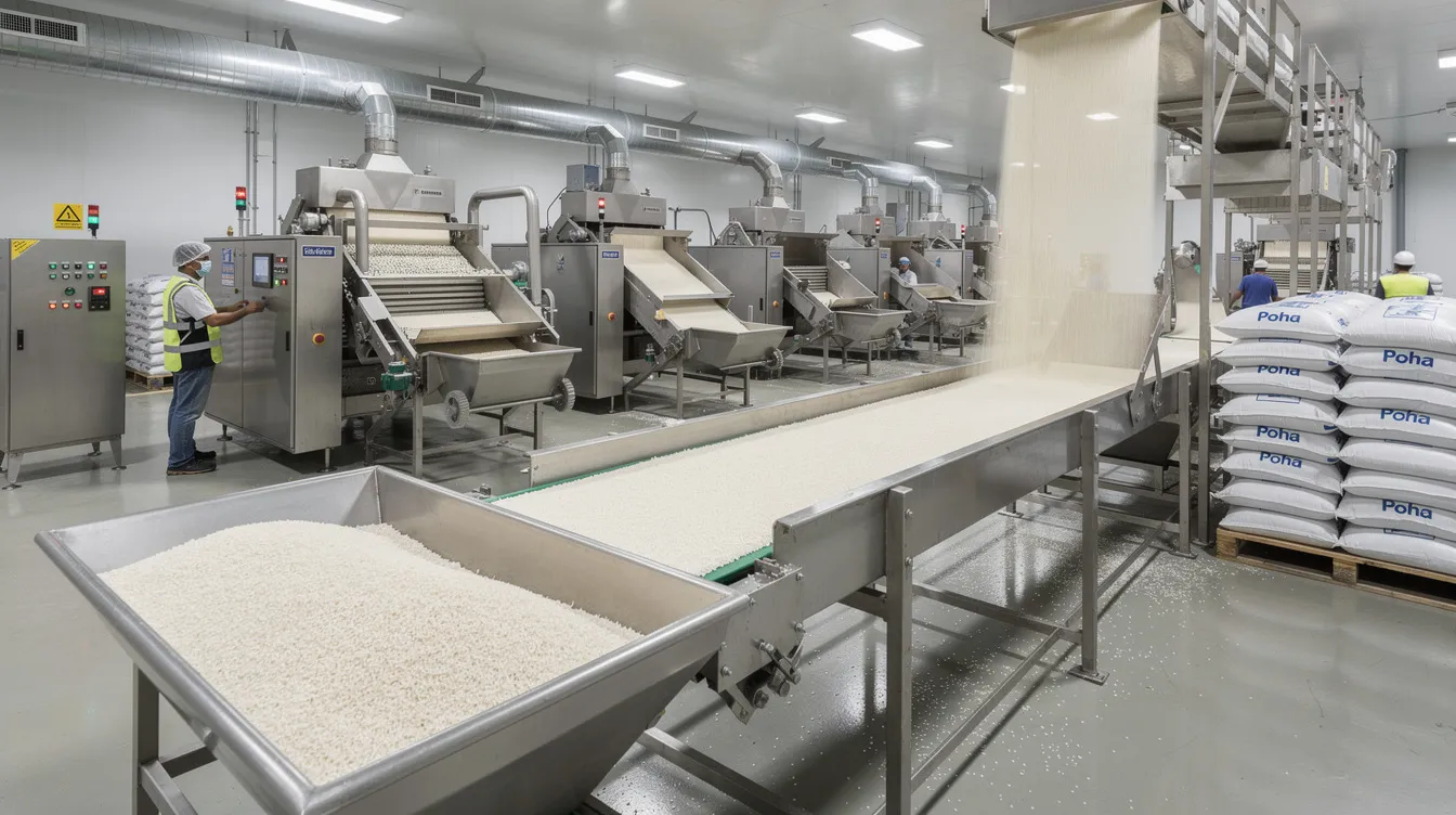 e89e116c 52a7 4938 abae b57196a9b40b The image shows a poha processing plant featuring industrial machinery and conveyor belts actively processing rice flakes. This facility highlights the manufacturing process of flattened rice, emphasizing its production capacity and the essential role of raw material sourcing in the poha manufacturing business.