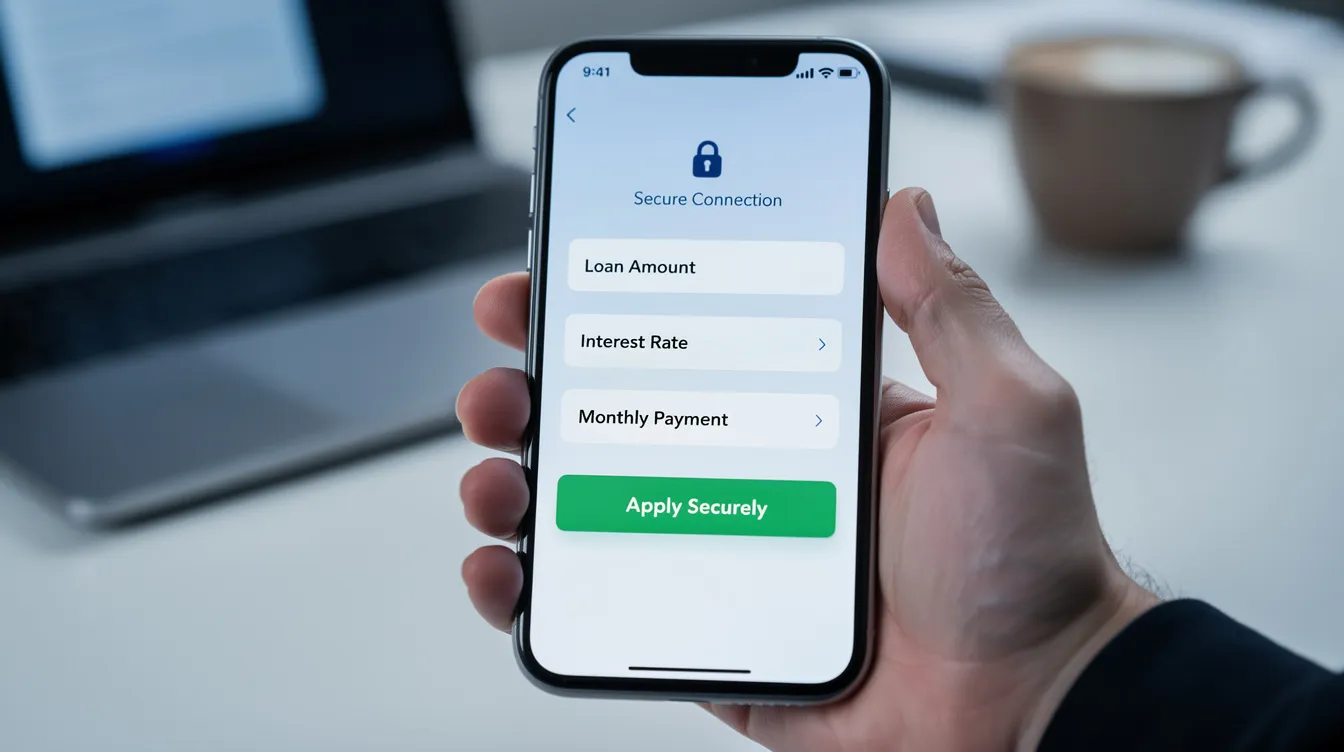 The image depicts a smartphone displaying a secure online loan application interface, showcasing options for private loans and financial services from a reputable financial company in Hong Kong. The screen features fields for personal information and loan details, emphasizing a user-friendly design for quick and easy loan approval.