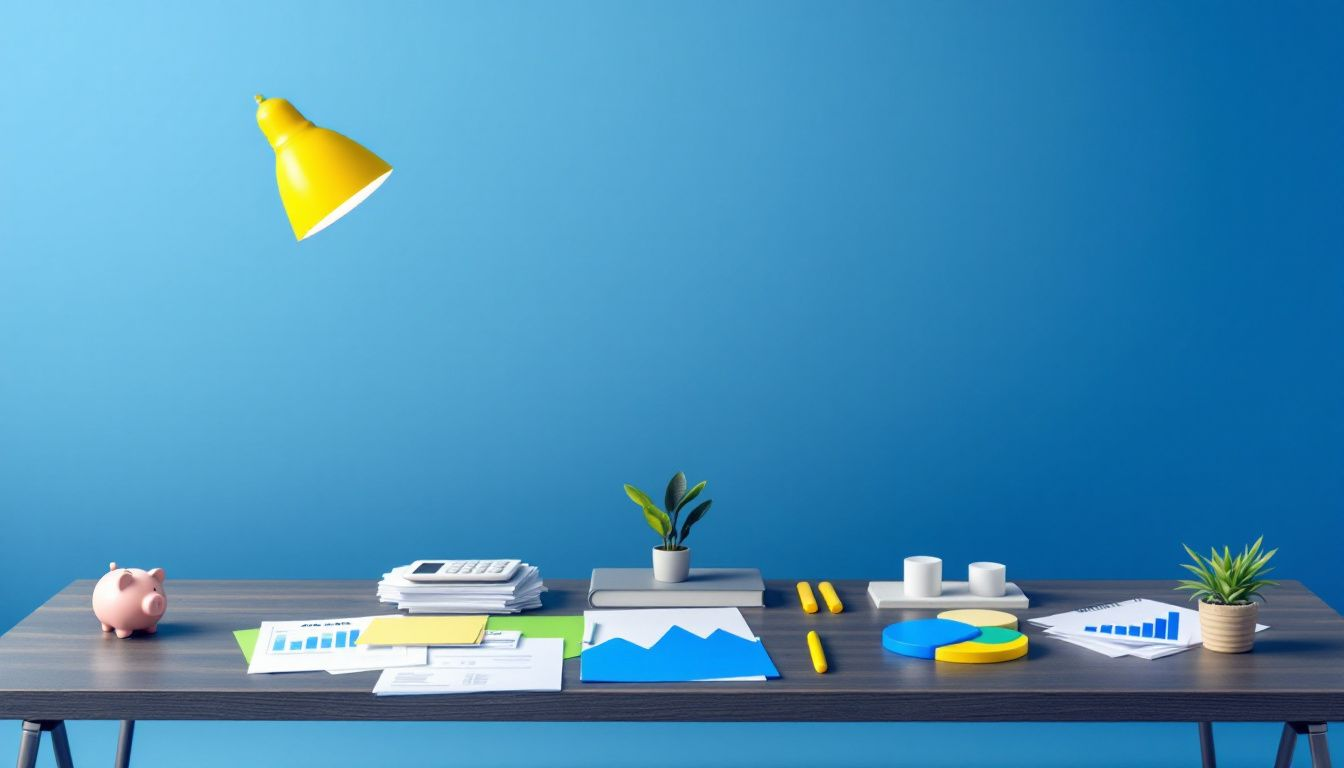 An illustration of a home office setup with tax-related documents scattered on a desk.