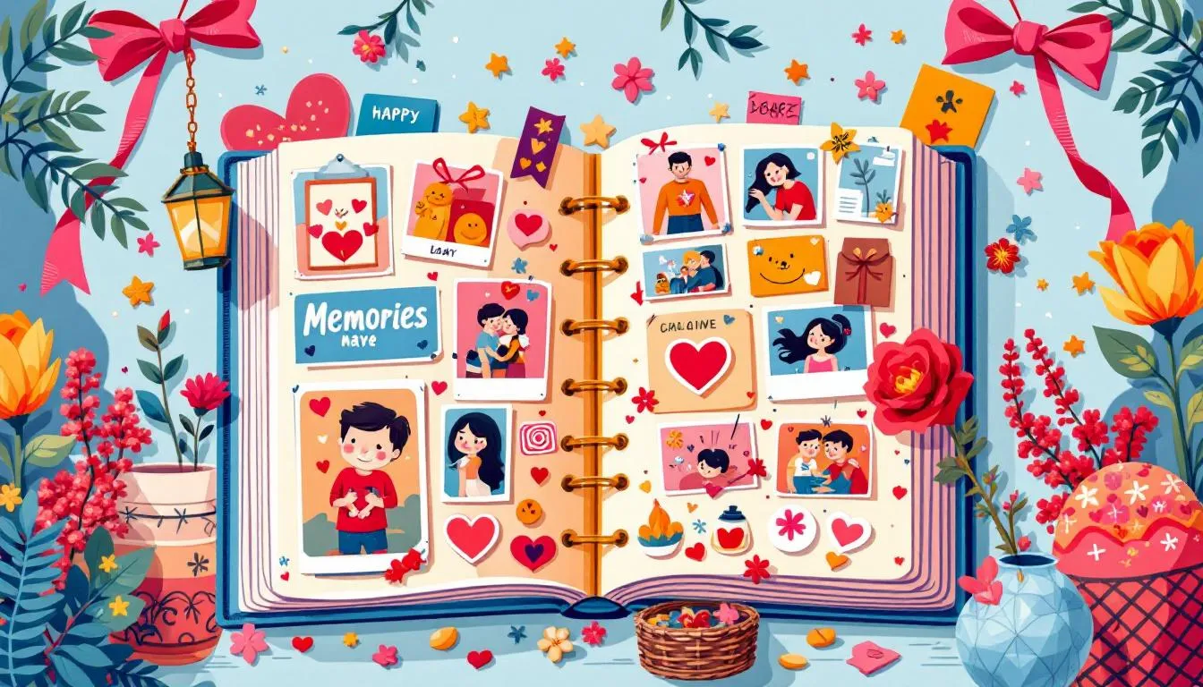 A colorful scrapbook filled with memories, showcasing pictures and decorations, representing a scrapbook of memories.