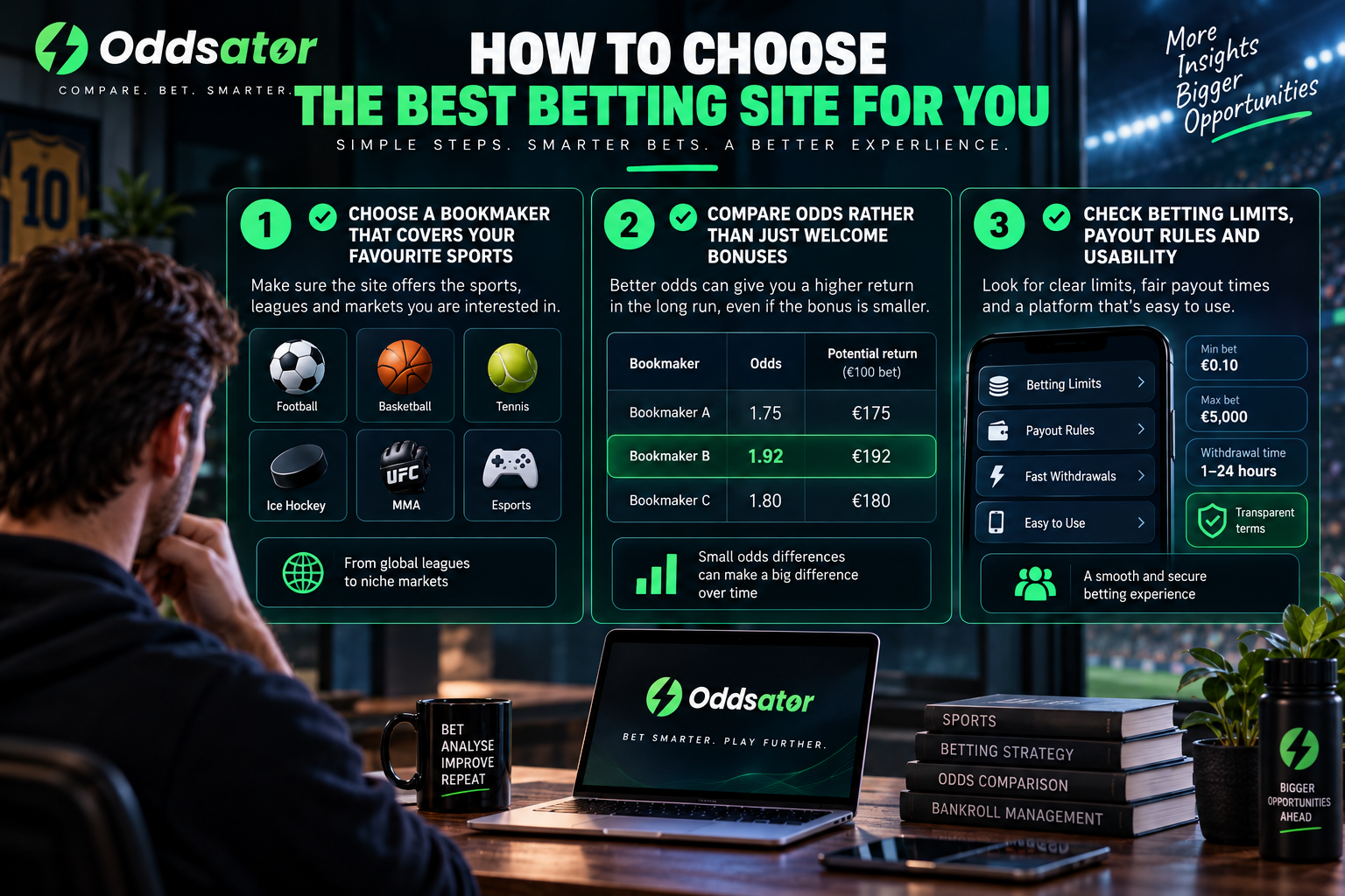 Infographic showing how UK bettors can compare bookmakers, betting odds, sports coverage, withdrawal rules and usability.