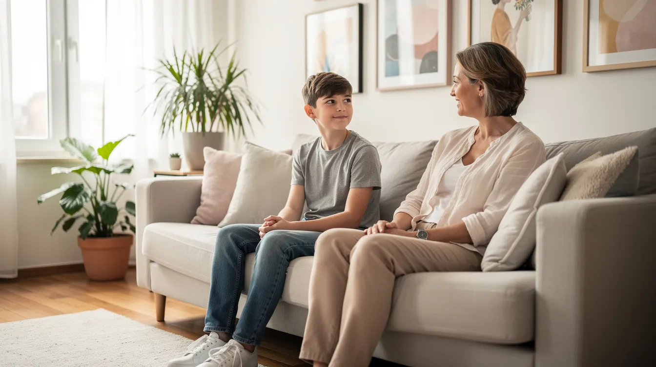A teenager is sitting calmly next to a parent in a bright living room, creating a safe space for open communication about mental health. This supportive environment fosters emotional development and encourages discussions about anxiety, depression, and the importance of behavioral health services for teens.