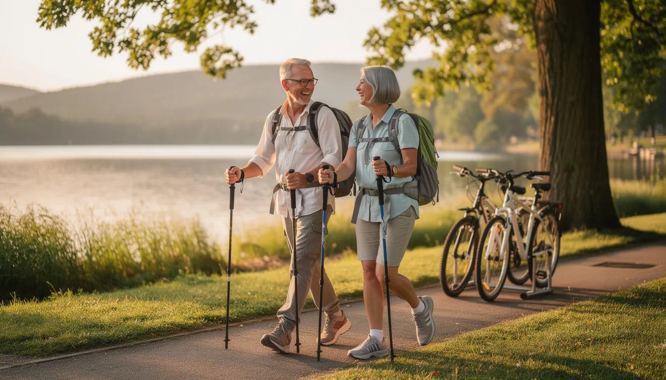 A retired couple is happily engaged in outdoor activities, such as hiking and enjoying nature, symbolizing their active lifestyle after years of careful retirement planning and investment strategies. Their joyful experience reflects the rewards of diligent retirement savings and the importance of maintaining financial security during retirement.