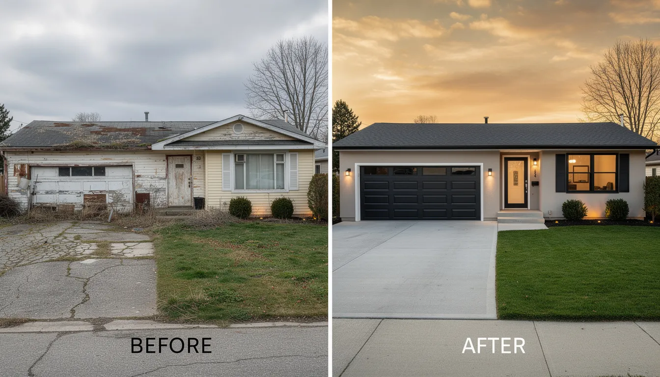 The image showcases an investment property in Lee County, illustrating the potential for renovation with a side-by-side comparison of the property before and after updates. This visual highlights the opportunities for real estate investors in the Fort Myers area, emphasizing the importance of quality improvements in the current housing market.