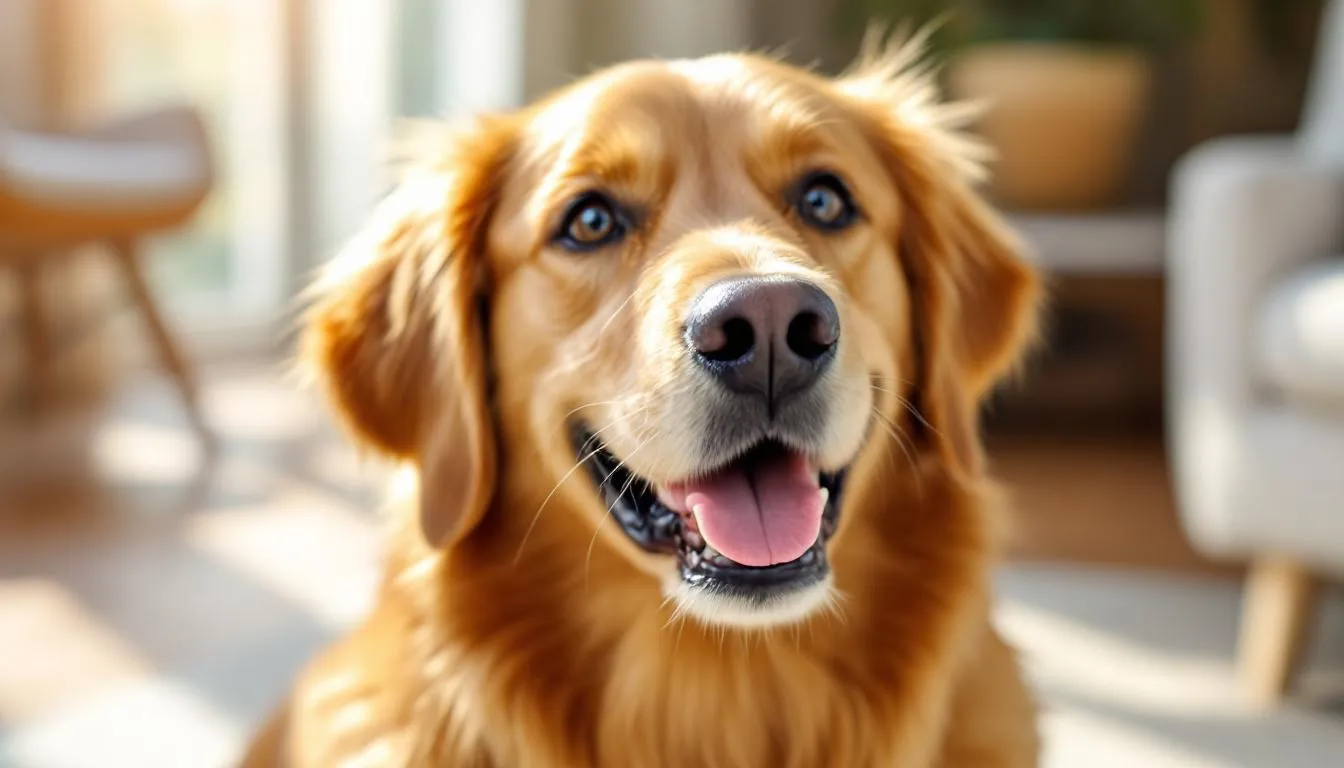 A joyful golden retriever sits with bright, clear eyes, showcasing its recovery from conjunctivitis after effective treatment. The dog