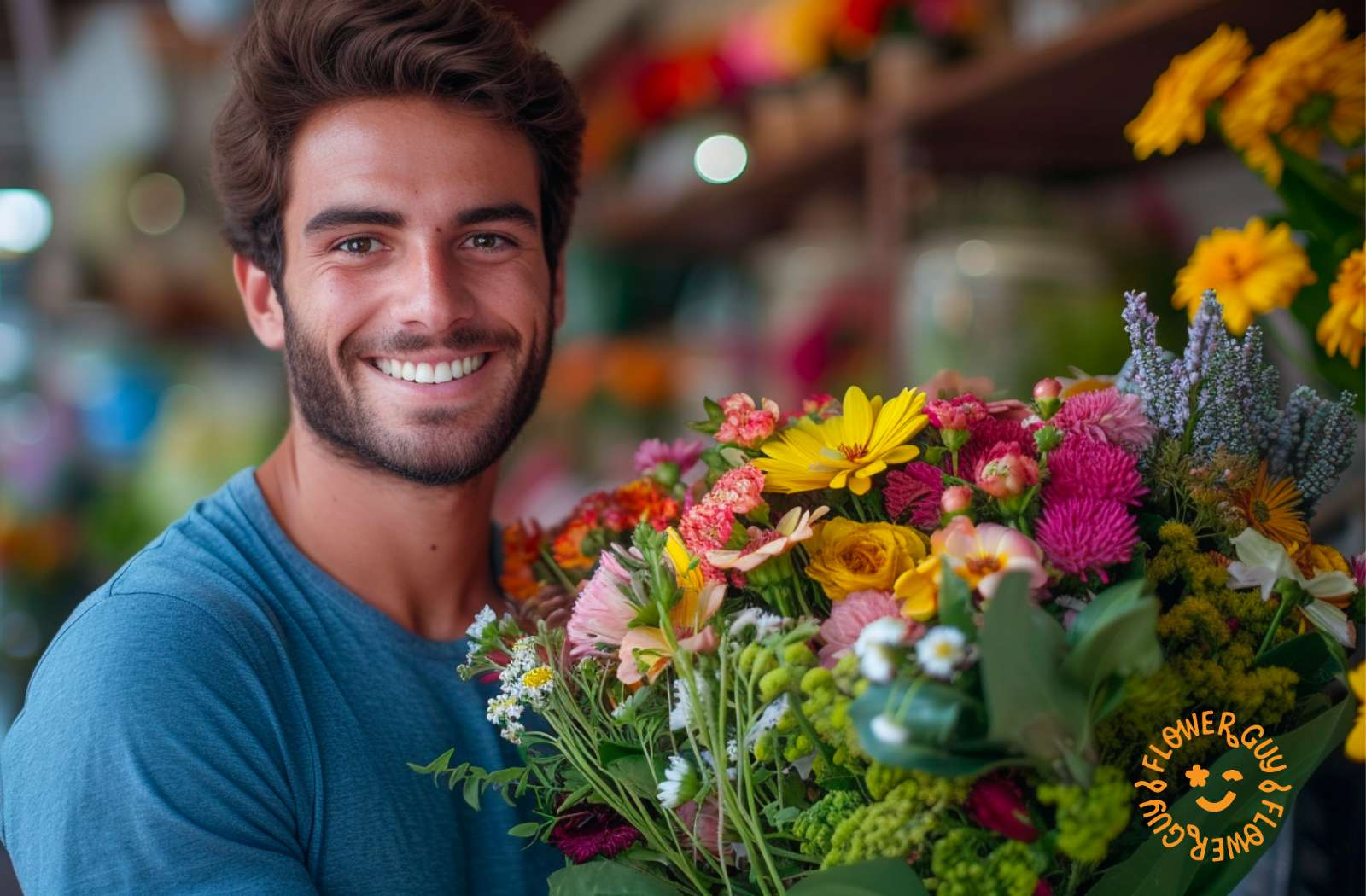 Order a great gift of happy birthday flowers, fine wine, roses as they celebrate a year older. Man smiling with mixed bouquet.