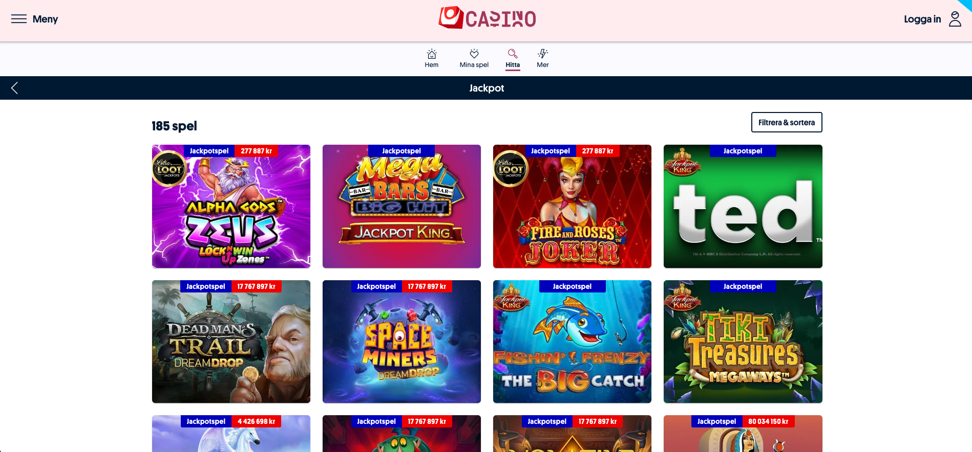 Jackpotsektion hos Svenska Spel Sport & Casino med över 185 jackpotslots och aktuella vinstbelopp
