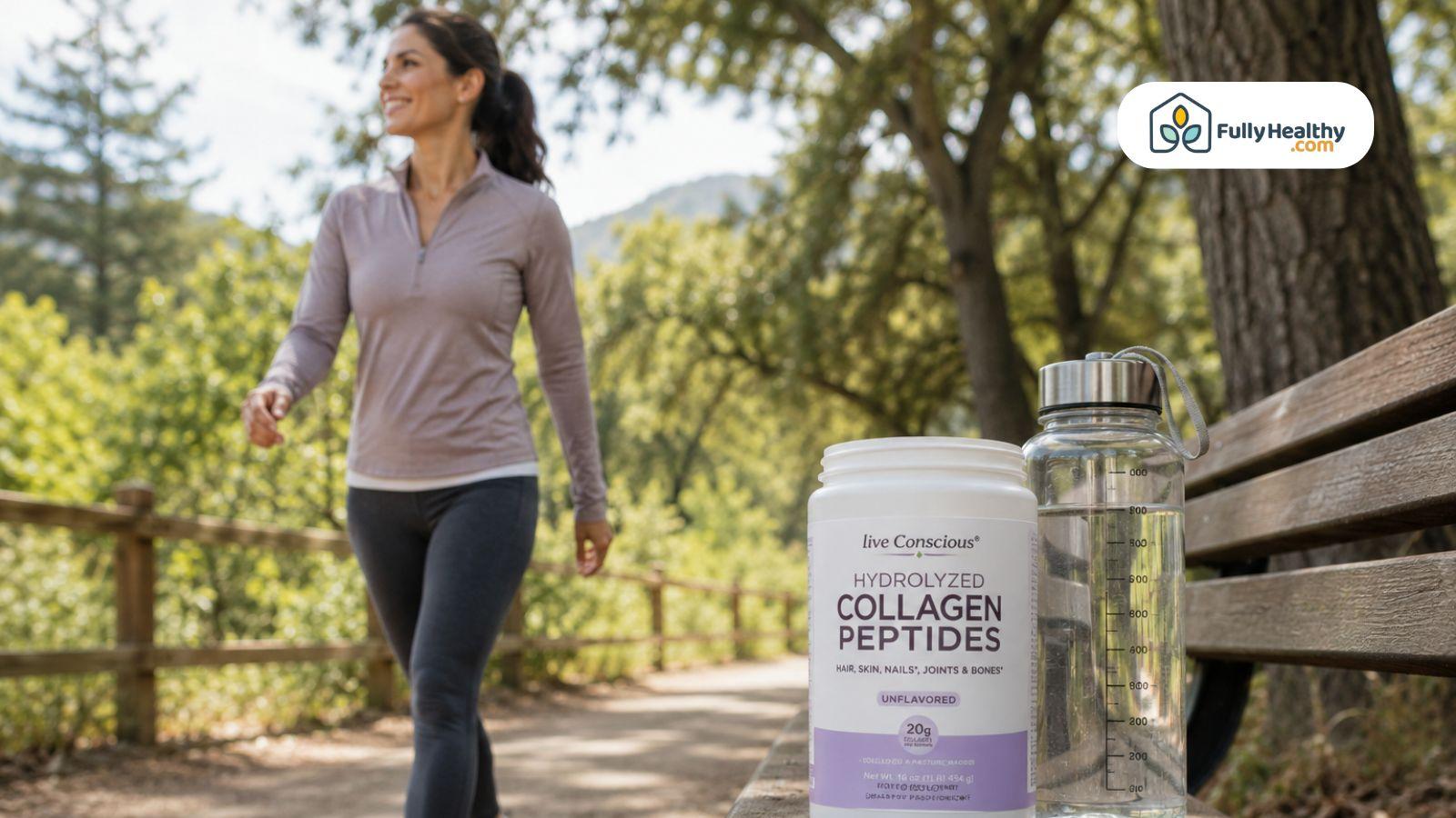 Woman walking outdoors with collagen peptides and water bottle promoting healthy daily wellness