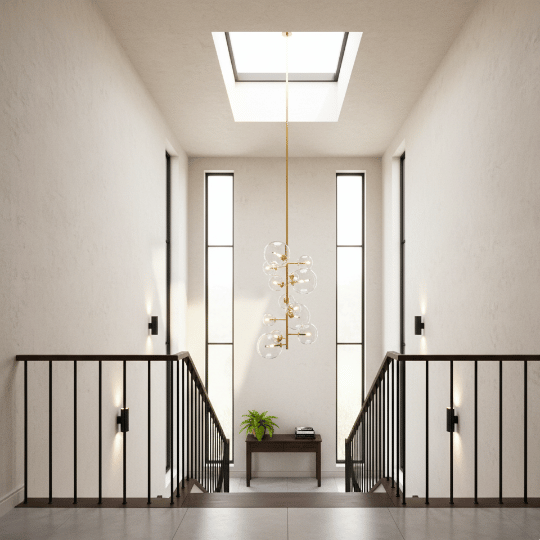 A long, modern chandelier with glass globes hangs from a skylight above a bright staircase landing, creating an airy and elegant focal point. Vertical windows and wall sconces add soft layers of light, making this a refined example of small staircase lighting ideas.