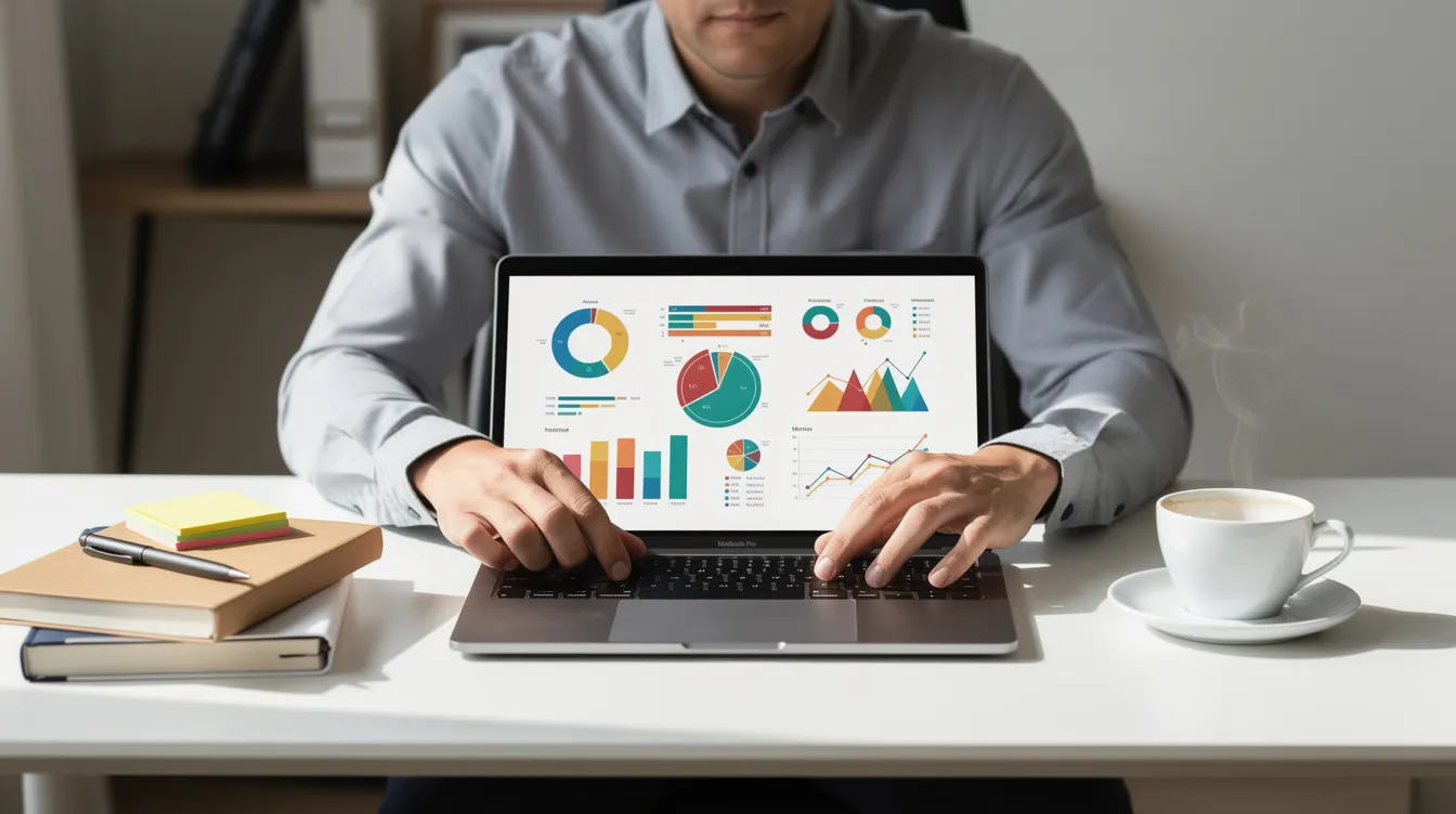 A small business owner is focused on reviewing their marketing strategy on a laptop at a clean desk, surrounded by notebooks and a coffee cup. This scene highlights the importance of effective business marketing management and planning in driving customer engagement and business growth.
