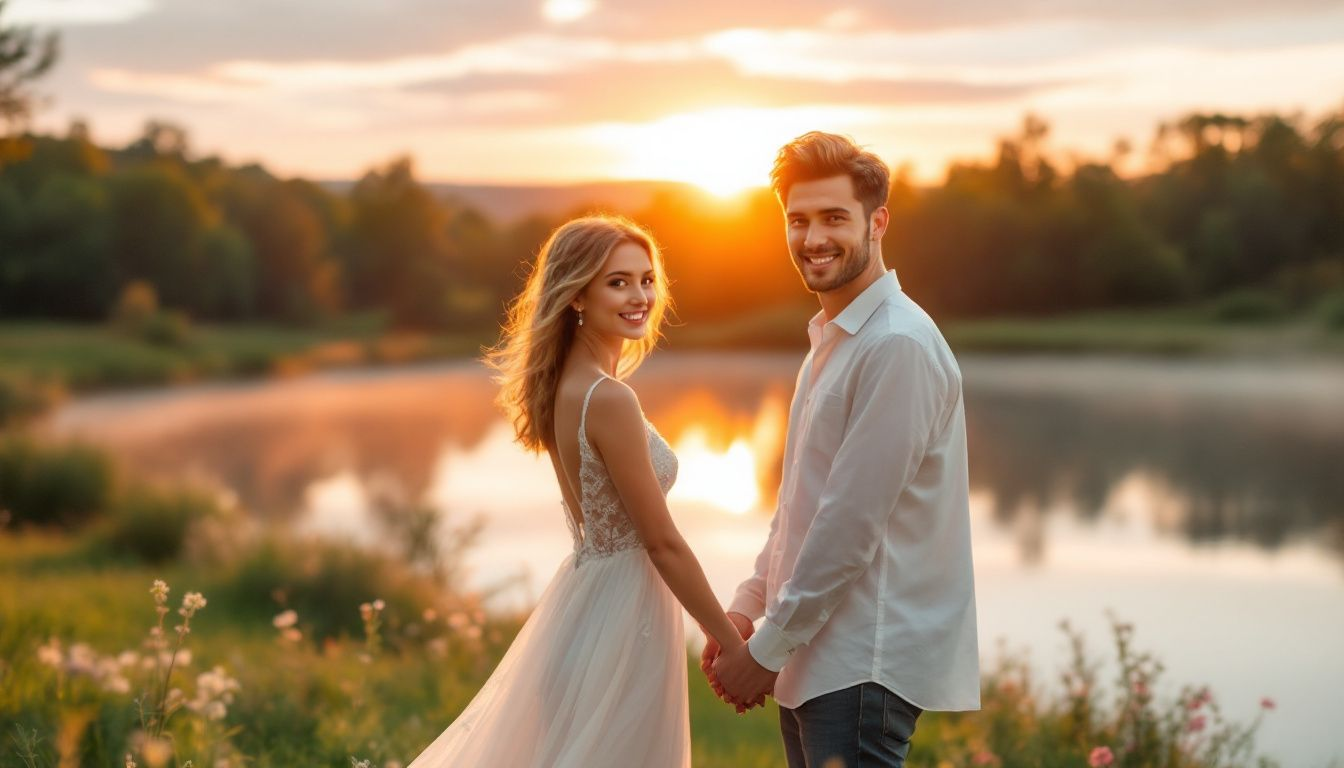 A couple planning their engagement session around golden hour for the best lighting.