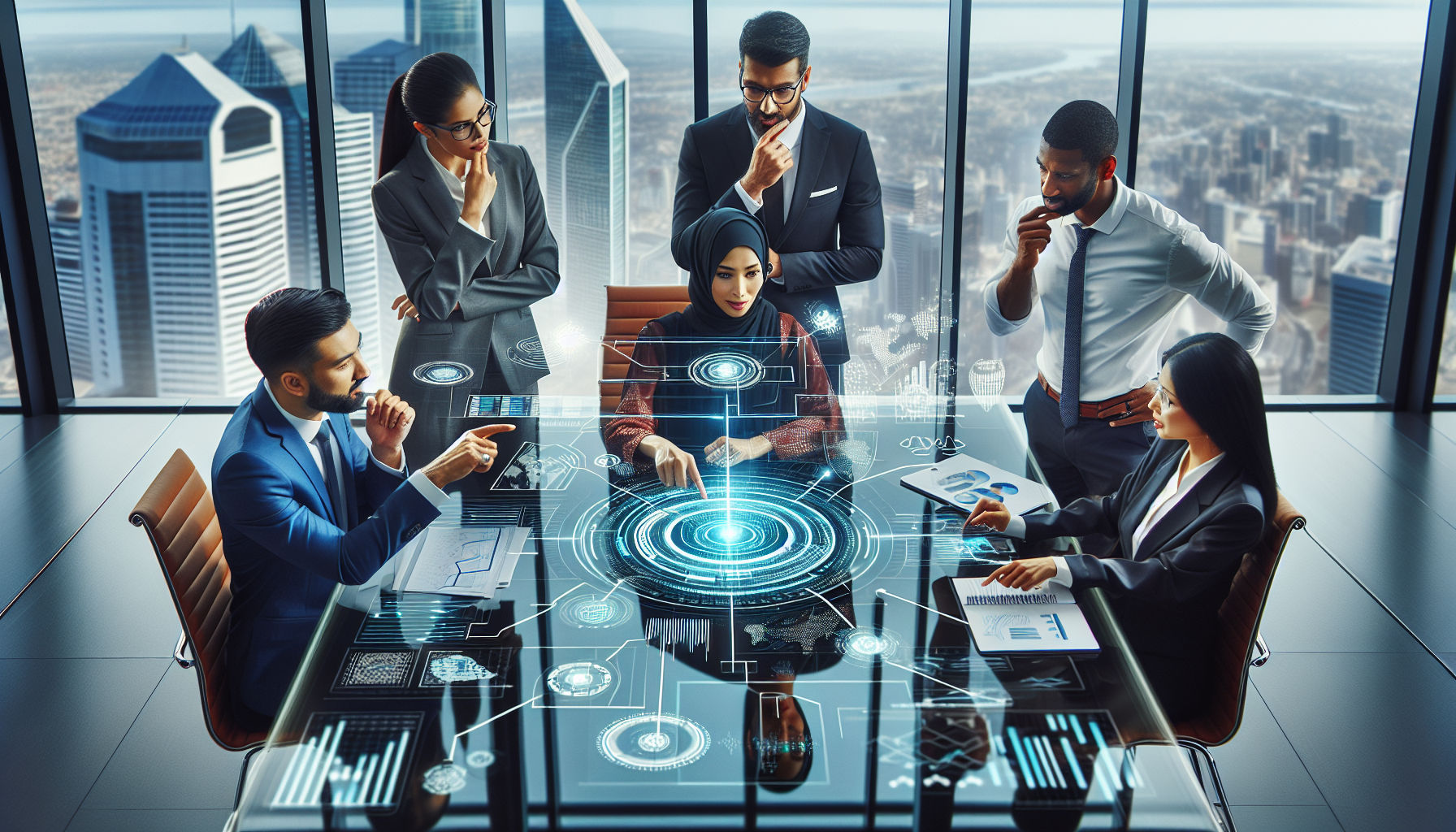 Business team analyzing risk management strategies and financial data in a modern office setting.