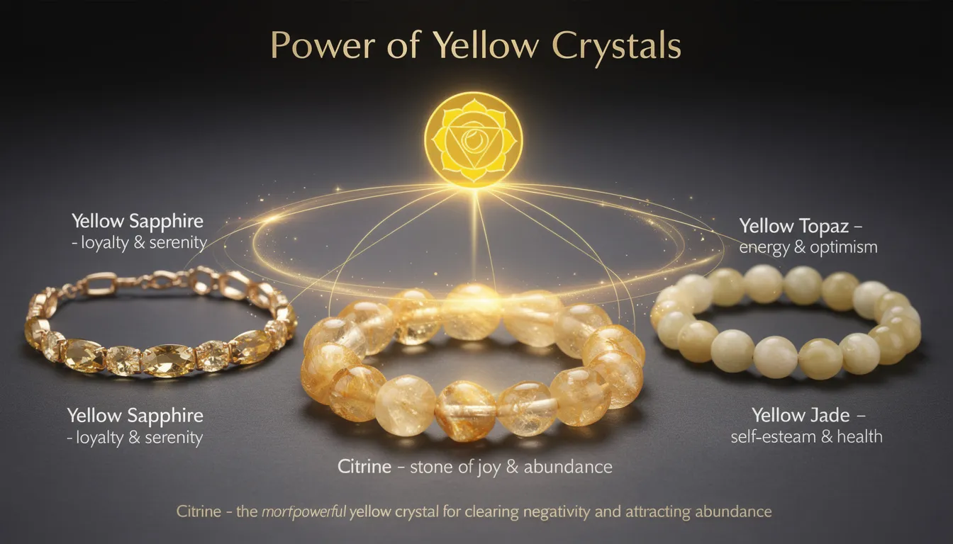 The image showcases a beautiful yellow bracelet made with citrine, yellow sapphire, and yellow topaz gemstones, each symbolizing joy, loyalty, and energy. This elegant accessory is designed to enhance personal style and express creativity, making it a perfect addition to any outfit for various occasions.