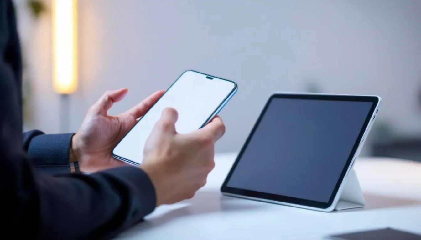 Photo d'un expert tenant un smartphone et une tablette, partageant son avis sur ces appareils.