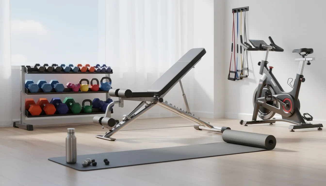 Das Bild zeigt hochwertiges Sportequipment in einem Heimtraining-Setup, das zur Erreichung von Fitnesszielen und Neujahrsvorsätzen dient. Verschiedene Trainingsgeräte sind ordentlich angeordnet und laden zur Bewegung und Motivation ein.