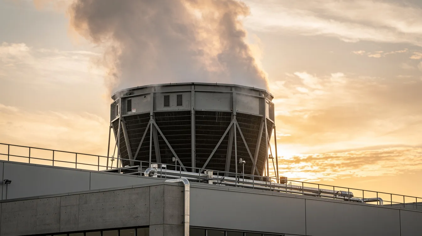 A large cooling tower sits atop a commercial building, with water vapor rising into the warm sky, indicating the operation of industrial chillers. This scene reflects the importance of chiller maintenance for optimal performance and energy efficiency in HVAC systems, especially in humid climates like New Orleans.