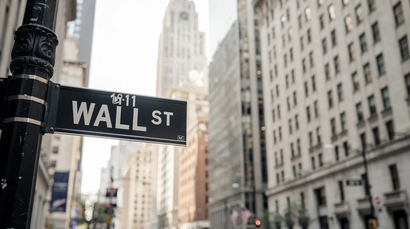 Das Bild zeigt das berühmte Straßenschild der Wall Street in New York City, umgeben von den imposanten Fassaden der Finanzgebäude. Diese Szene spiegelt die geschäftige Atmosphäre wider, die oft mit dem Leben von Börsenmaklern und der Geschichte von "The Wolf of Wall Street" verbunden ist.